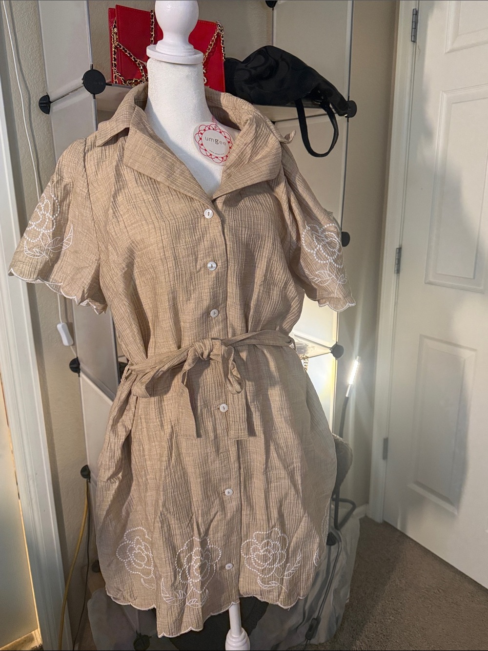 Beige Button-Front Tie-Waist Tunic with White Floral Embroidery Umgee
